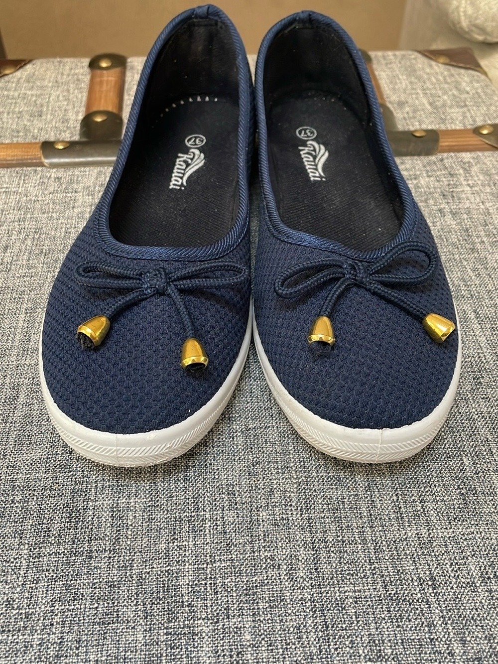 Summer Navy Knit Slip-On Boating Flats with Gold-Tip Bow - Size 6.5-7 NWOT